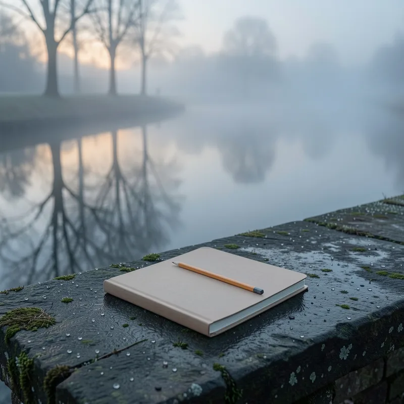 Carnet ouvert et crayon posés sur un banc de pierre au bord d’un canal brumeux