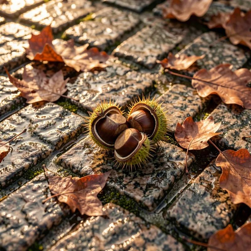 Feuilles mortes et marrons éclatés sur des pavés humides en fin de journée