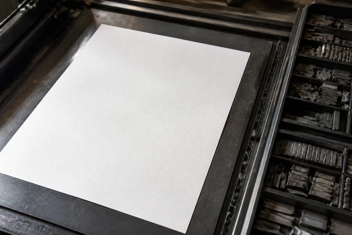 Feuille de papier vierge sur un marbre d imprimerie avec des caractères mobiles en plomb