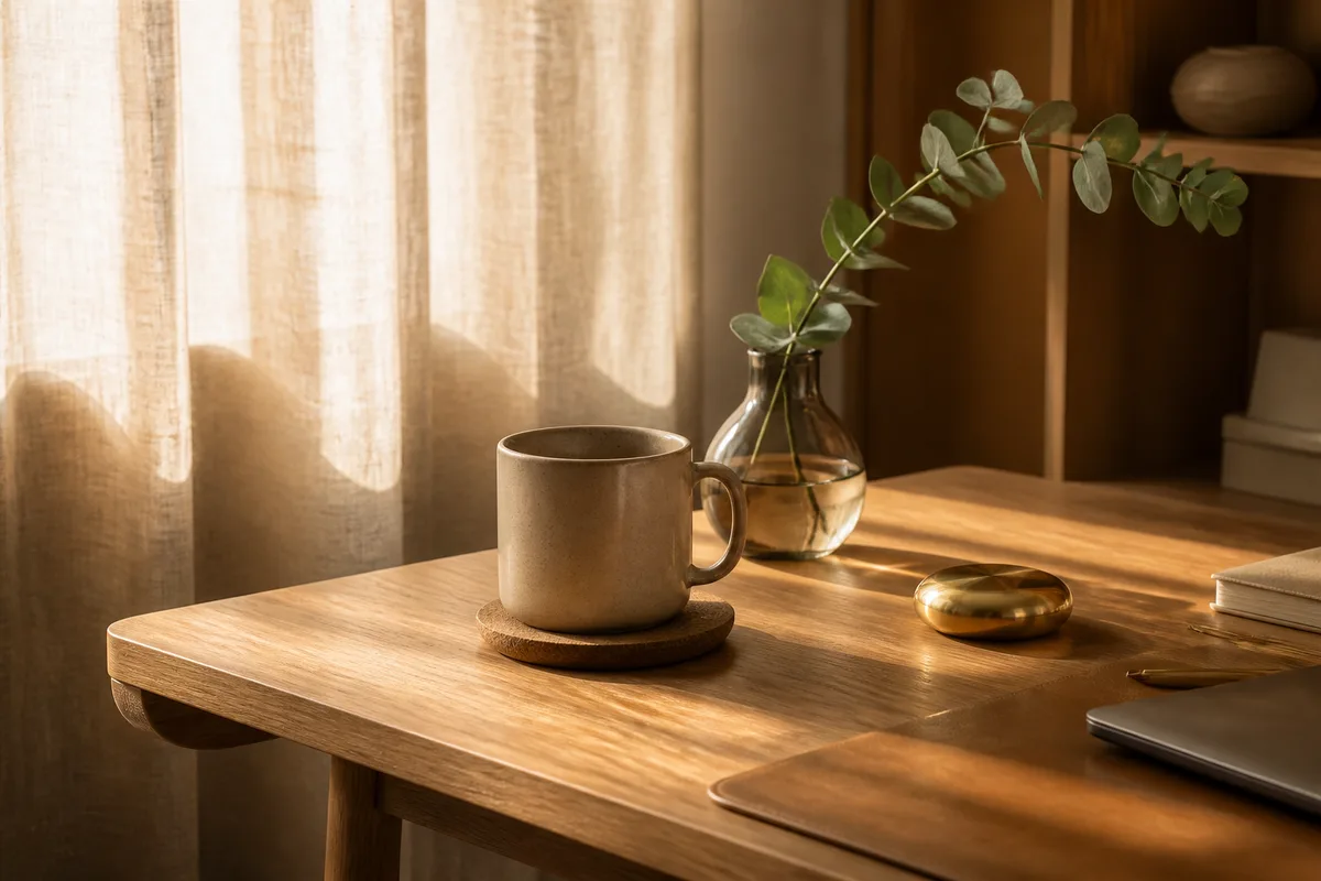Coin de bureau en bois clair avec tasse de céramique et presse-papier de laiton, lumière douce de fin d’après-midi