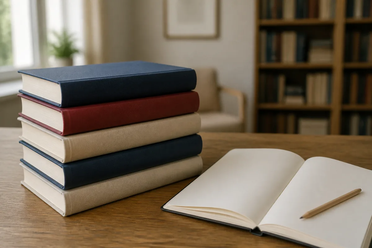 Table de travail avec pile de recueils fermés reliés en toile unie et carnet ouvert vierge