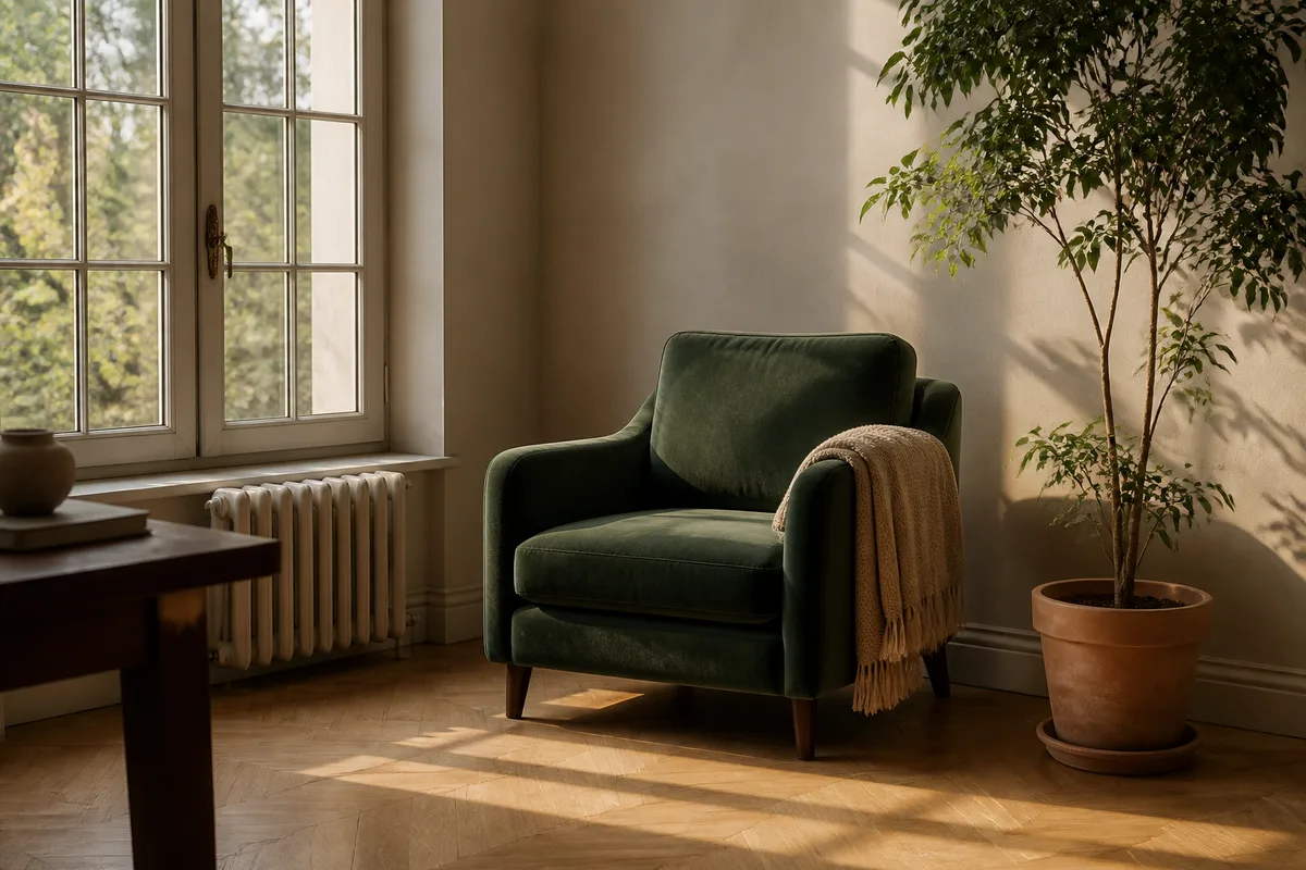 Fauteuil de lecture en velours uni près d’une fenêtre, lumière naturelle rasante sur le parquet