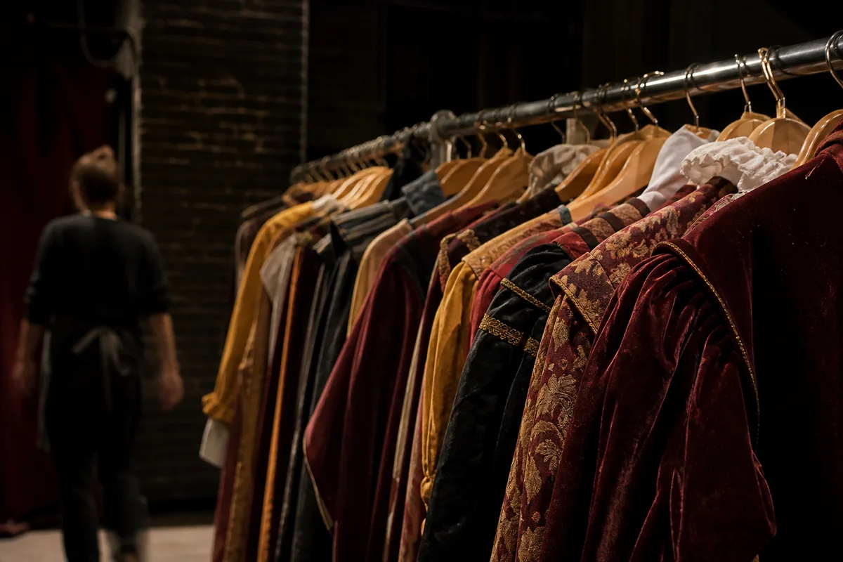 Portant de costumes d&rsquo;époque dans les coulisses d&rsquo;un théâtre, éclairage tamisé