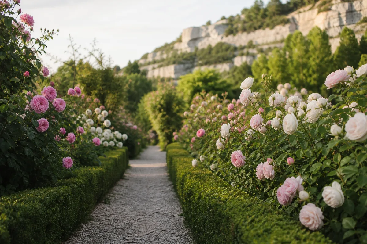 Façade Renaissance en pierre de tuffeau clair devant un jardin de rosiers anciens