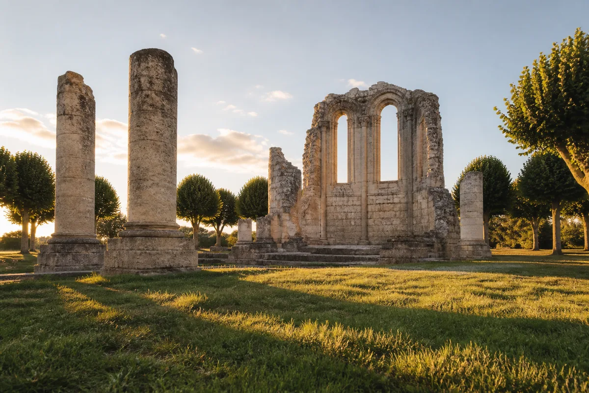 Ruines d’une église prieurale à ciel ouvert entourées de pelouse rase