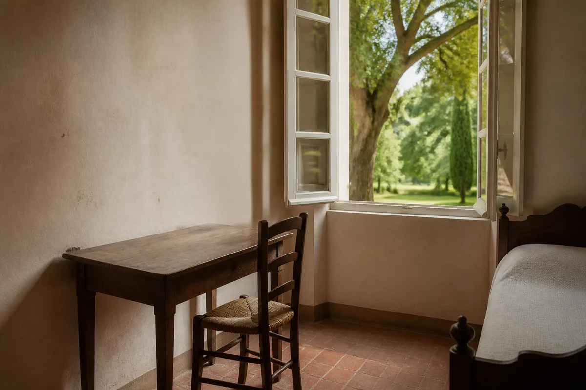 Chambre de travail ancienne avec table étroite et fenêtre ouverte sur un parc
